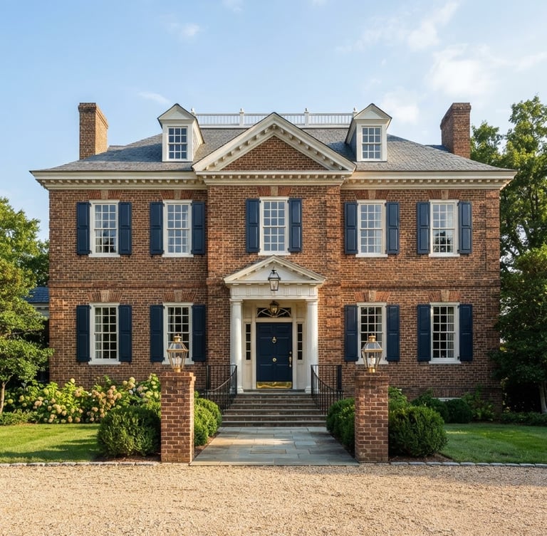 Wide-angle architectural photograph of the historic brick Governor Dinwiddie estate in Portsmouth under crisp morning daylight, stately entrance, polished brass accents, 35mm