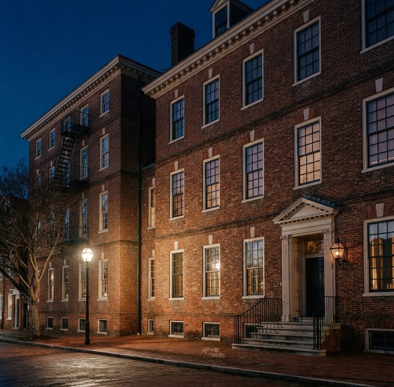 Stately architectural photography of the historic brick exterior of the Governor Dinwiddie building in Portsmouth, Virginia. Crisp early morning daylight casting long shadows, deep navy sky, sharp focus, 35mm.