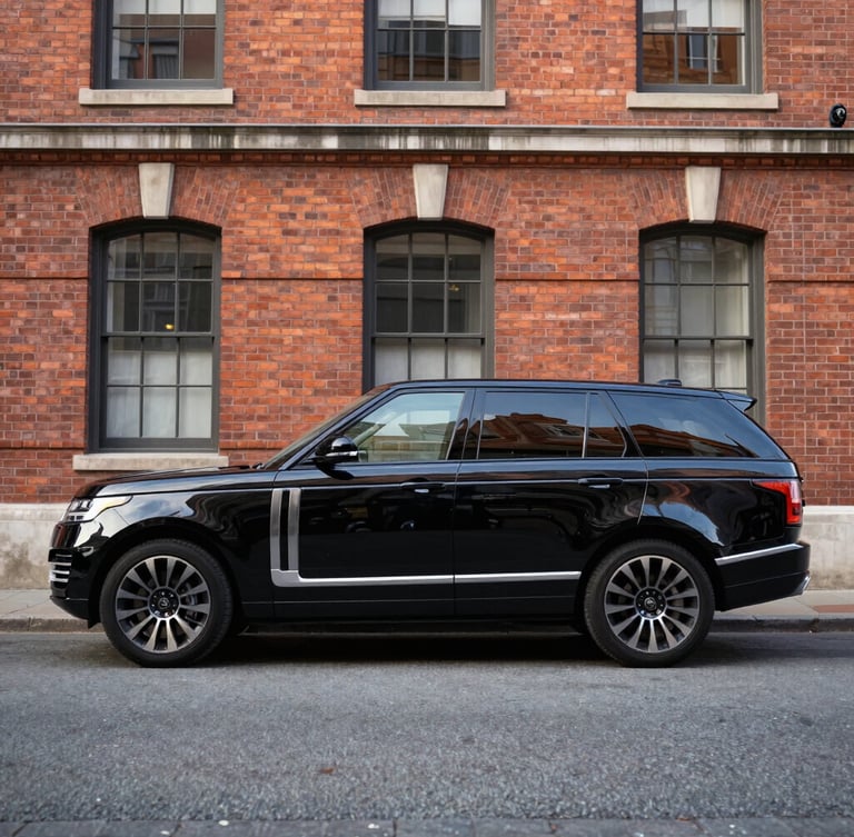 Immaculate black executive transport SUV parked in front of a historic brick building, soft early morning light, reflections on polished metal, sharp focus, 35mm
