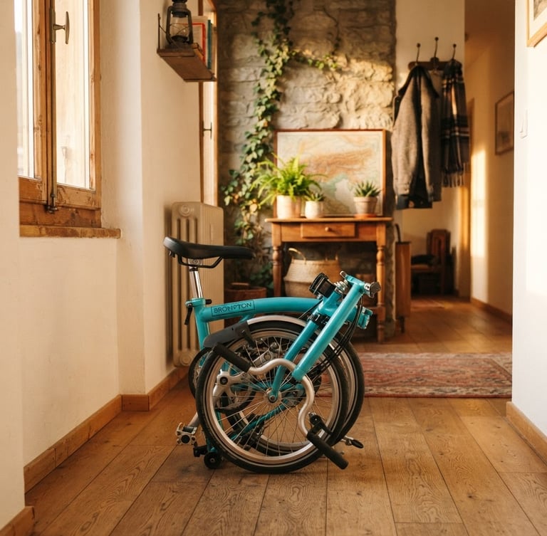 Warm retro lifestyle photography of a colorful folding bicycle folded neatly in a cozy, sunlit Swiss apartment hallway, golden-hour sunlight, 35mm film grain.