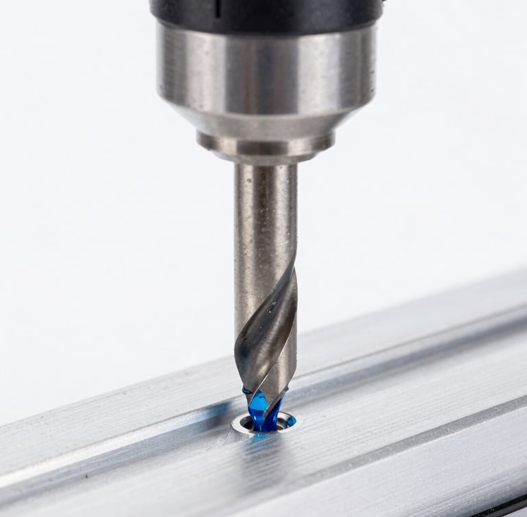 Macro close-up of a high-precision CNC drill bit cutting through pristine aluminum, cool blue coolant spray, bright high-key studio lighting, sharp focus on the cutting edge
