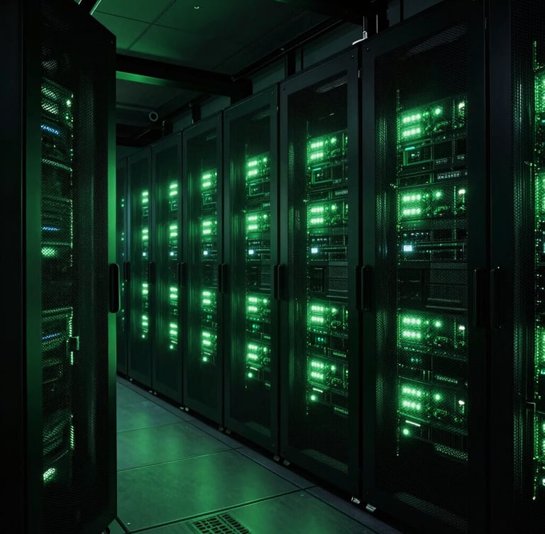 Wide architectural shot of a futuristic server farm, with glowing emerald lights and deep shadows, clean lines, 35mm anamorphic lens, low-key dramatic lighting.