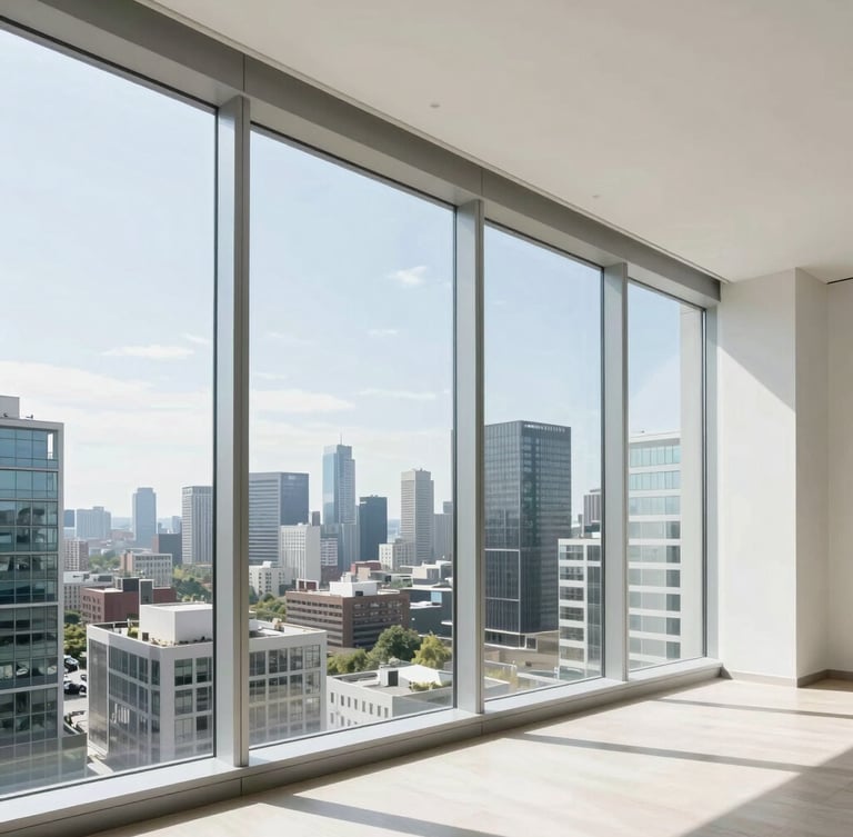 Crisp architectural photography of a modern high-rise apartment interior, floor-to-ceiling windows overlooking a city skyline, bright natural daylight