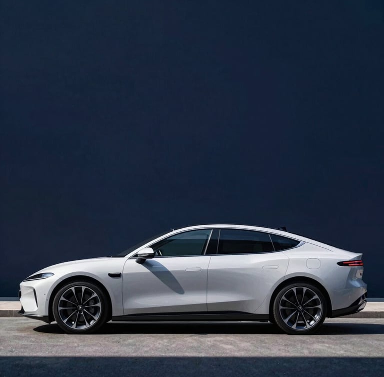 Sleek modern electric sedan silhouette in profile, dramatic side lighting, deep navy background, sharp focus, high-contrast editorial photography