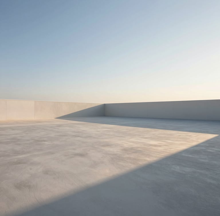 Wide-angle architectural landscape of a pristine, well-lit vacant land lot at golden hour, clean geometric boundaries, soft natural light, high-end editorial aesthetic.