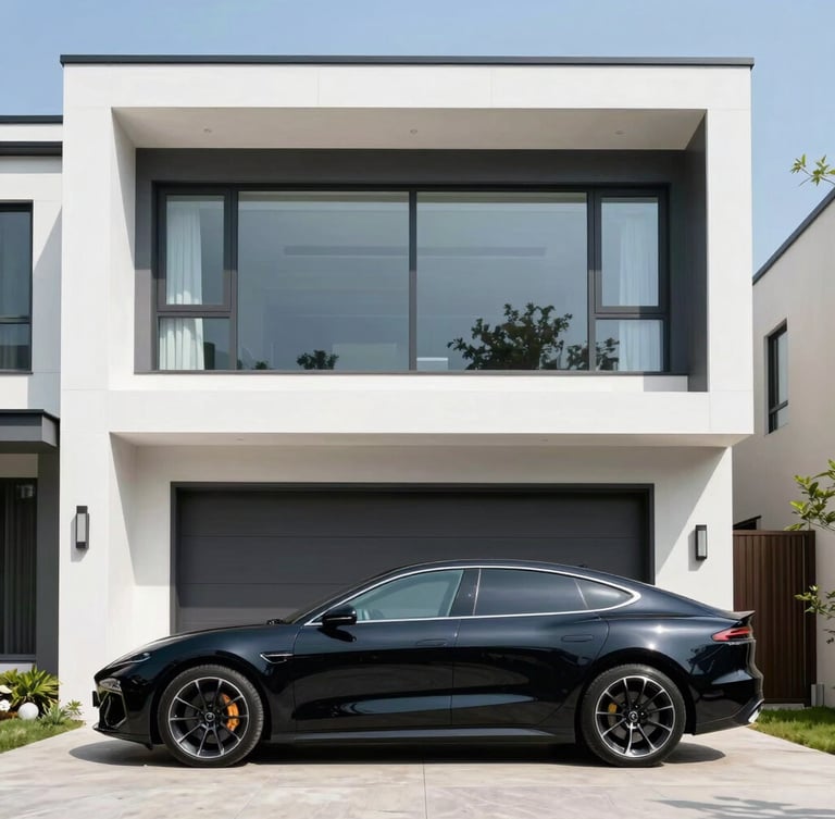 Crisp architectural photography of a modern luxury house facade alongside a sleek premium vehicle silhouette parked in the driveway, bright natural daylight, clean geometric composition, sharp focus.