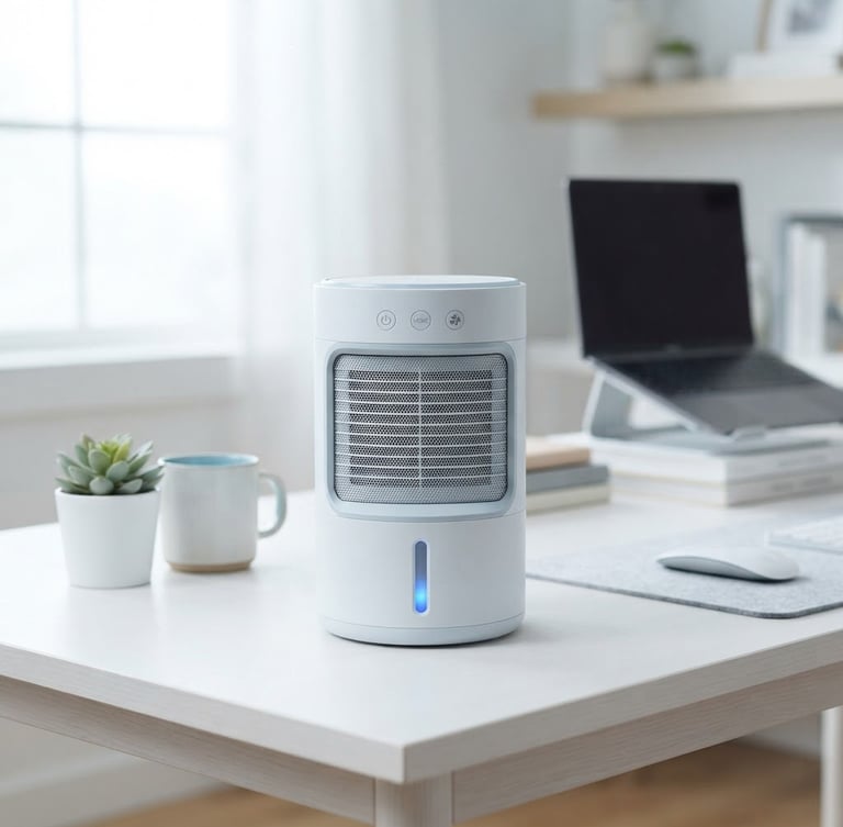 Sleek Ultra Air Cooler on a clean home-office desk, crisp product photography, cool refreshing daylight, frosty blue and clean white tones, sharp focus, 50mm lens