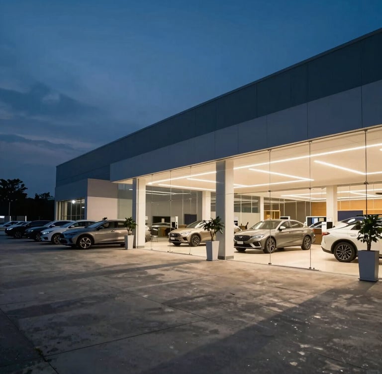 Wide environmental shot of a modern, clean automotive dealership showroom at twilight, architectural lighting casting long shadows on polished concrete floors, negative space on the left.