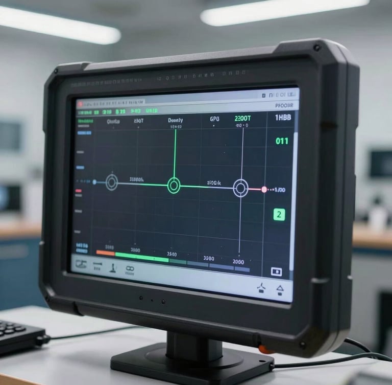 Macro detail of a high-end automotive diagnostic screen displaying real-time system diagnostics, clean workshop background, precise corporate lighting