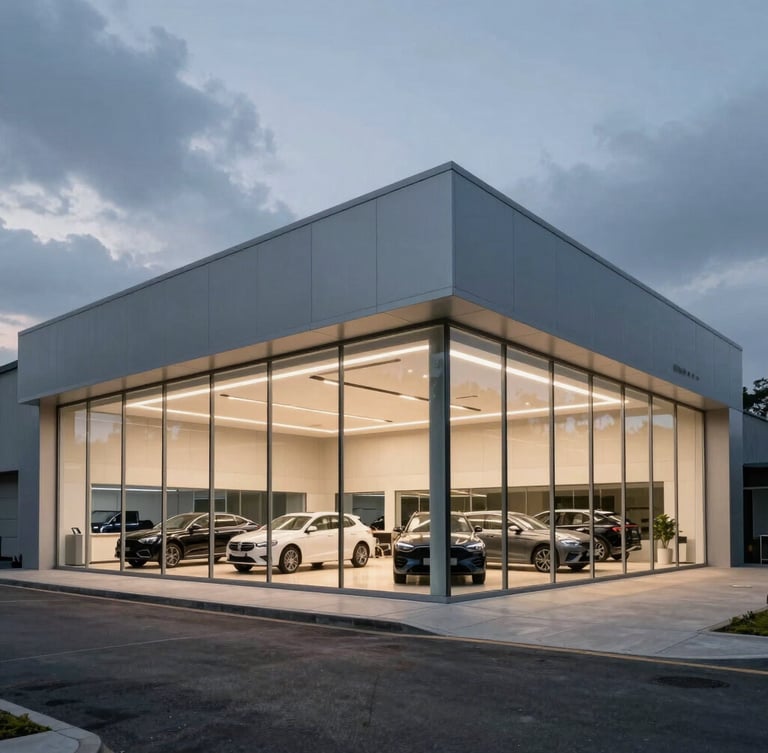 Wide-angle architectural shot of a clean, modern automotive dealership showroom at dusk, cool overcast daylight, glass walls showing structured car bays