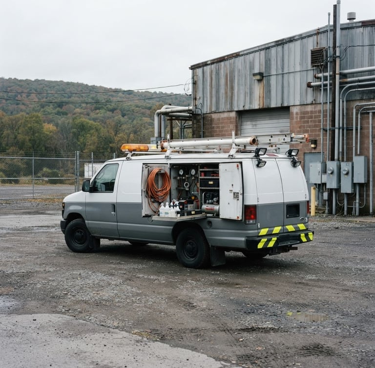 A marked OMEGA QSE compliance fleet vehicle parked at an industrial site in Upstate New York, overcast daylight, sharp focus, technical equipment visible
