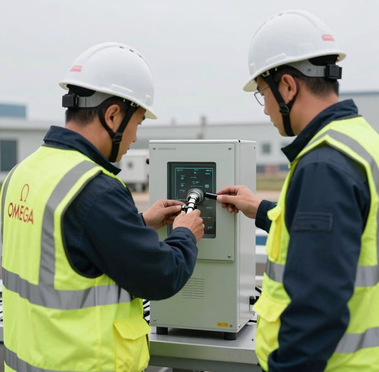 Medium documentary shot of two OMEGA QSE safety technicians wearing high-visibility vests and hard hats, calibrating environmental testing equipment in the field under overcast daylight.