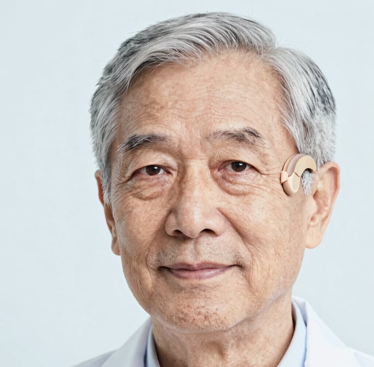 Medium-close portrait of an active senior wearing a near-invisible hearing aid discreetly, bright high-key studio lighting, soft blue tones, sharp focus
