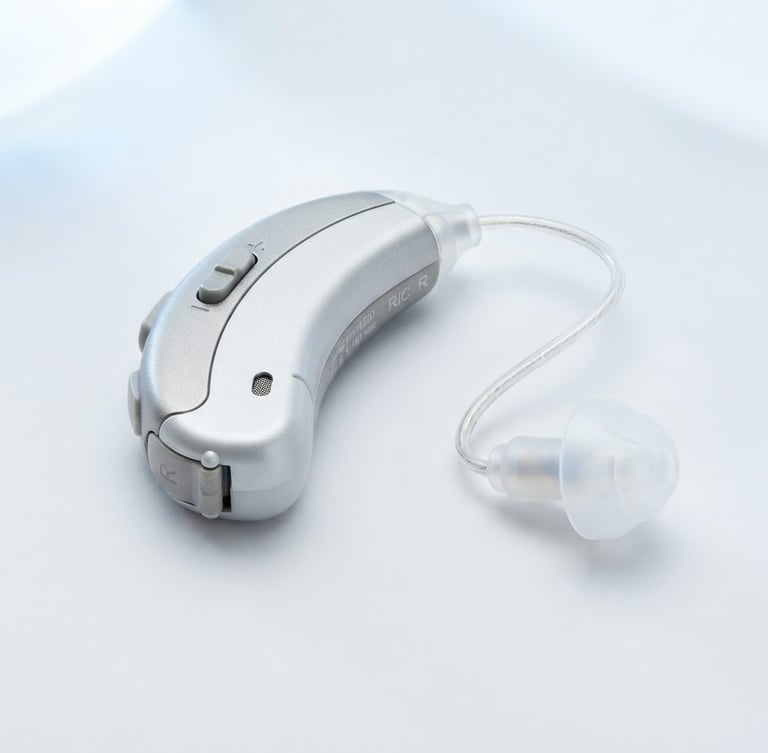 Macro close-up of a sleek rechargeable RIC hearing aid, bright high-key studio lighting, soft blue and white tones, sharp focus, 85mm