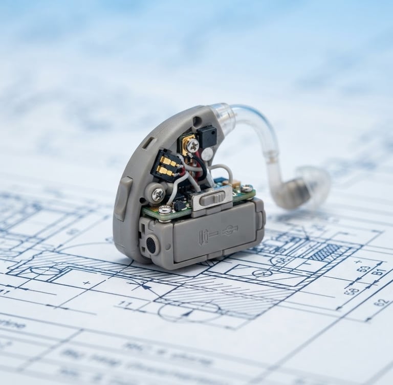 Macro photography of micro-ergonomic digital hearing aid chassis on an engineering blueprint, bright high-key studio lighting, soft blue tones, sharp focus, 85mm