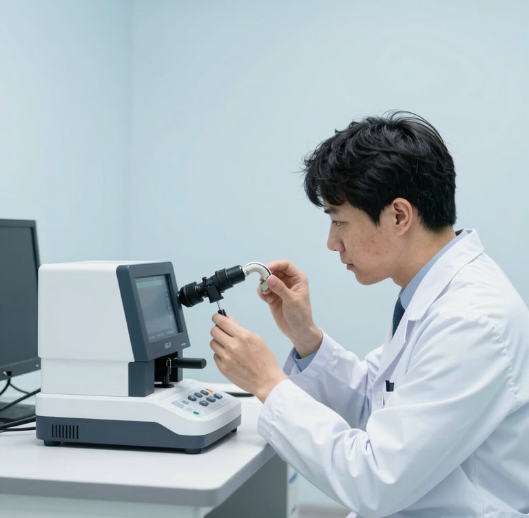 Documentary-style wide shot of an acoustic engineer in a clean white lab coat calibrating a digital hearing aid inside a modern South Korean testing facility, bright high-key lighting