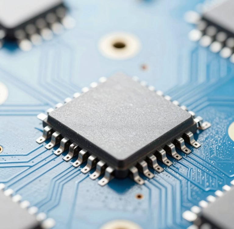 Macro close-up of a clinical sound processing microchip on a high-tech circuit board, clean medical product photography, bright high-key studio lighting, soft blue tones, sharp macro focus, 85mm