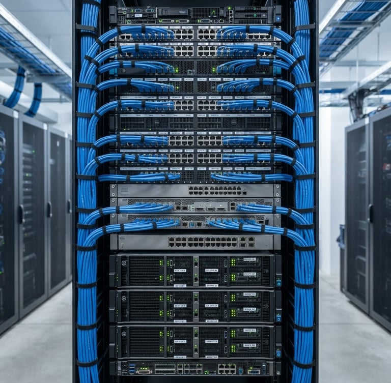 Clean technical photography of a neatly organized server rack with blue patch cables and crisp labels, bright neutral indoor lighting.