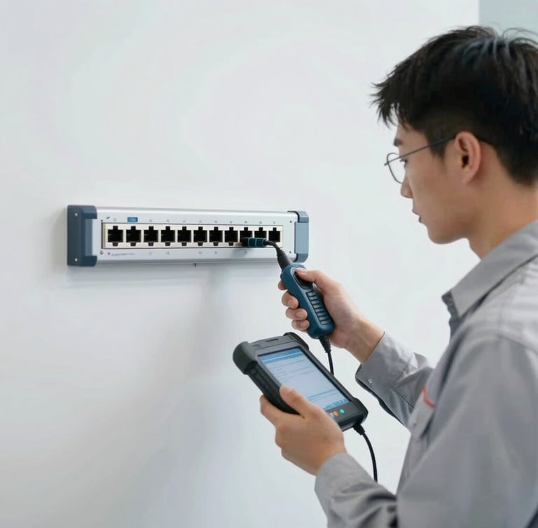 Medium shot of a technician in a light gray uniform using a diagnostic tool on a wall-mounted network switch, bright daylight.