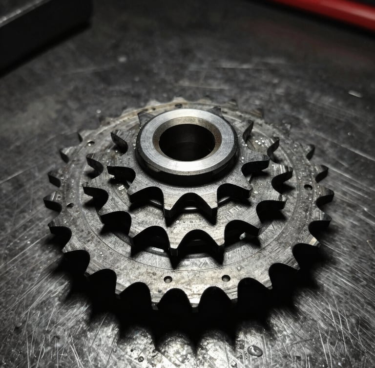 Macro close-up of a pristine, new metallic motorcycle gear set resting on a dark textured steel workbench, dramatic side-lighting highlighting precision teeth, 50mm lens