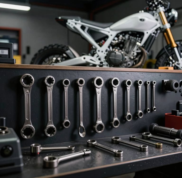 A clean, organized motorcycle workshop bay with professional tools arranged on a dark wall, a pristine motorcycle frame visible in the background, dramatic side-lighting, industrial utility