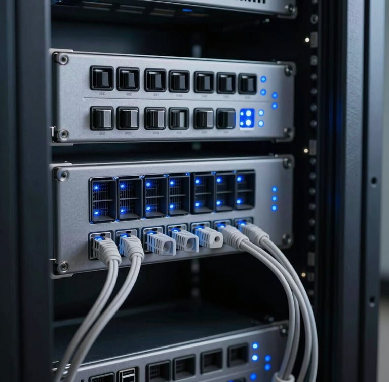Sharp technical photography of a modern server rack with clean structured cabling and blue LED indicator lights, cool studio lighting, 35mm