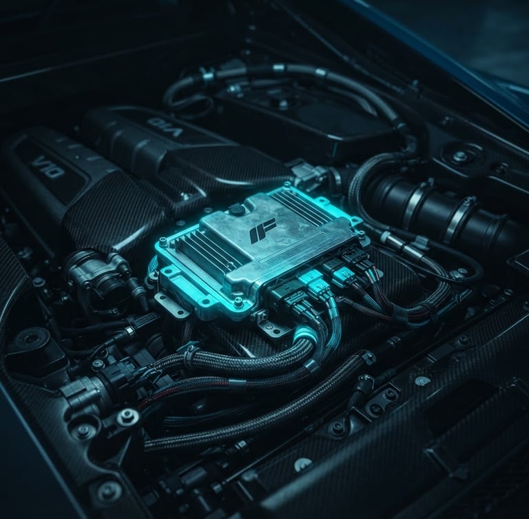 Close-up of a high-performance engine bay, focus on the ECU unit, under moody blue studio lighting, macro lens, premium German car, electric cyan glow