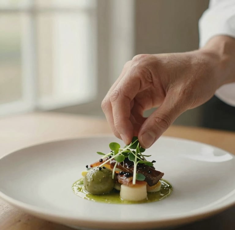 A close-up of a chef's hands delicately placing a microgreen garnish on an artfully plated gourmet dish with a shallow depth of field, soft natural window light, 35mm