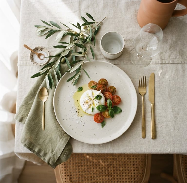 An overhead flat lay of an elegant tablescape with soft linen, minimalist white plates, gold cutlery, and fresh olive branch sprigs under soft natural light, 35mm
