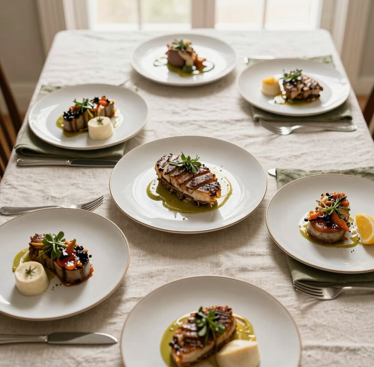 Overhead flat lay of an elegant dining table set with linen, soft olive napkins, and beautifully plated gourmet dishes under natural window light