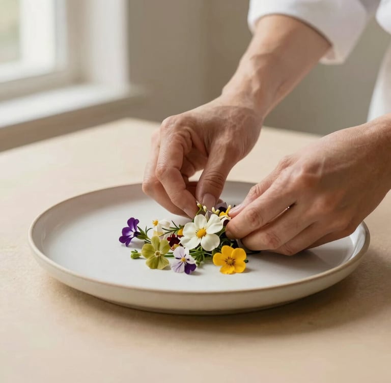 Hands of a chef artfully arranging edible flowers on a modern ceramic plate, soft diffused side light, warm beige background, shallow depth of field, 35mm