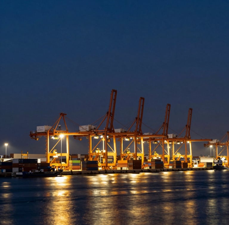 Wide-angle, high-contrast shot of a busy container terminal at Sohar Port at twilight, cranes illuminated, deep navy sky, golden reflections on wet surfaces.