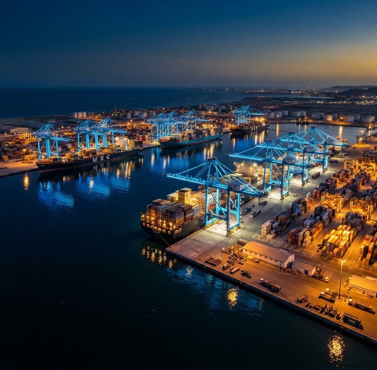 Wide panoramic shot of Sohar Port terminal at twilight, container ships docked, cranes lit in neon blue, reflecting on the water, high contrast, sharp focus, deep navy and gold tones.