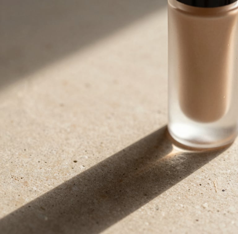 Extreme close-up of a single textured cosmetic bottle casting long, soft architectural shadows on a raw matte stone surface, diffused morning light, warm oatmeal tones, negative space on the left