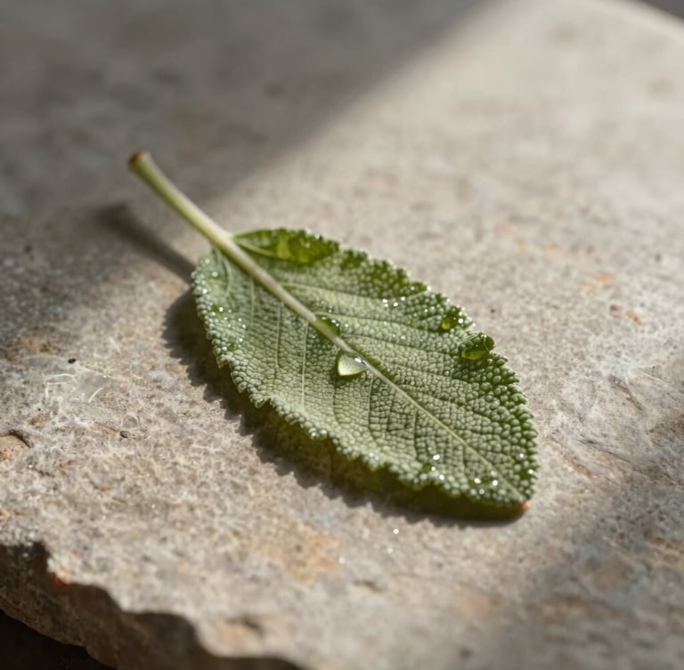 Extreme close-up macro shot of a single damp sage leaf resting on a textured matte stone surface, casting soft architectural morning shadows, soft diffused light, warm organic minimalism