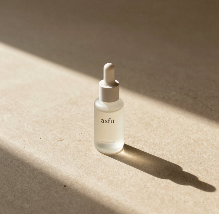 A single frosted glass bottle of asfu skincare casting a long, soft architectural shadow on a raw oatmeal-colored surface, warm morning light, negative space, wide panoramic composition.