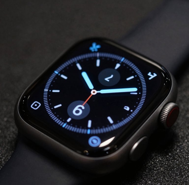 Macro depth of field shot of an Apple Watch screen displaying a minimalist fitness tracker UI with sharp electric blue accents, moody ambient background