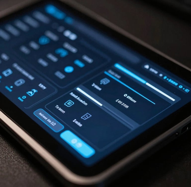 Sleek tech photography, close-up of a modern hardware setup with a secure corporate dashboard glowing on a dark screen, neon-blue accents, 35mm