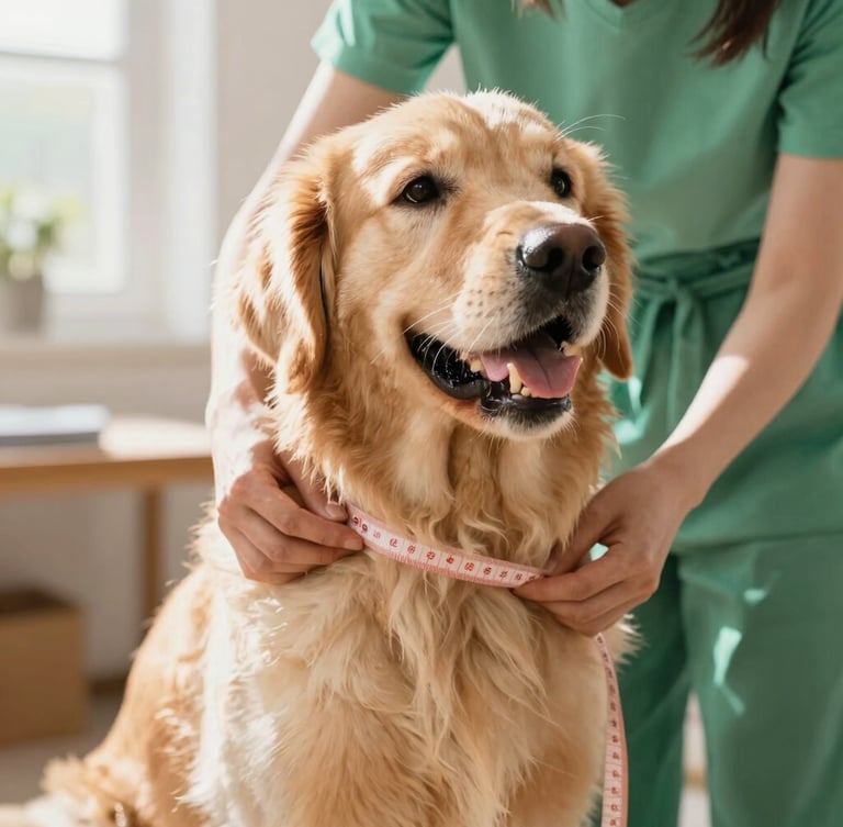 Close-up of a tailor gently wrapping a soft measuring tape around a happy golden retriever's chest in a sunlit workshop, warm natural daylight, shallow depth of field.