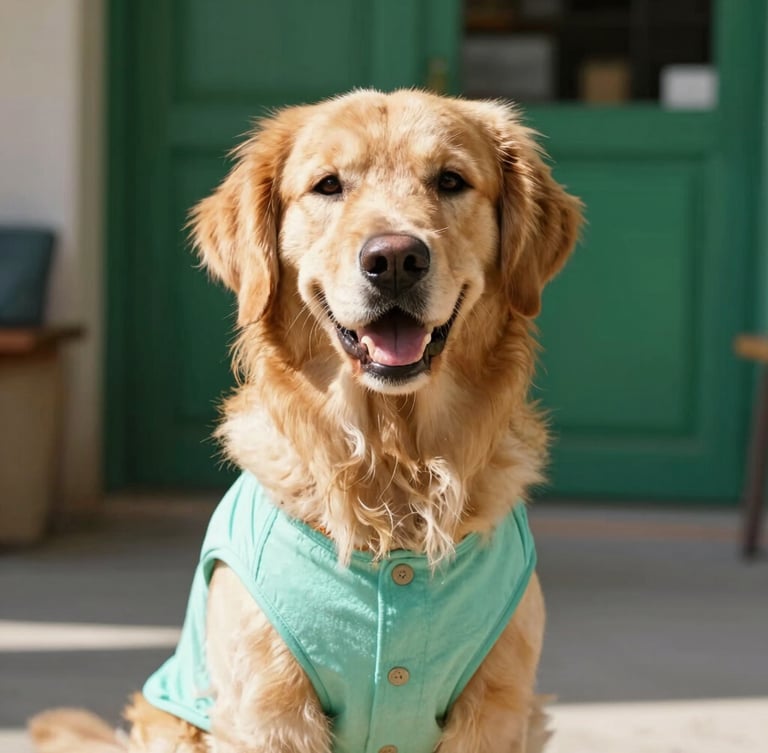 A happy golden retriever wearing a colorful handmade shirt, sitting comfortably in a sunlit Celaya workshop, eye-level medium close-up, warm natural light, shallow depth of field