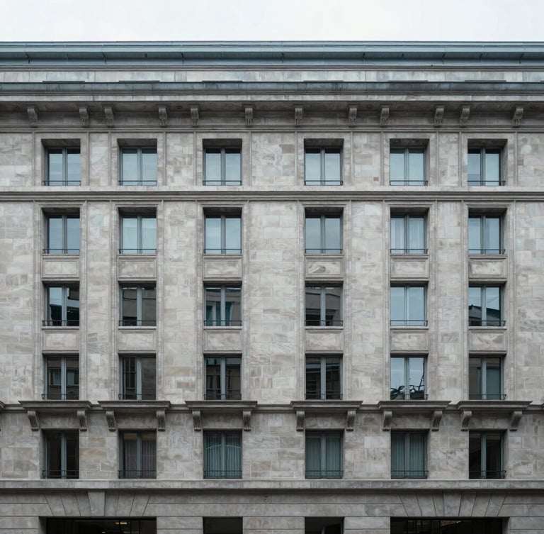 Symmetrical architectural shot of an administrative building facade in Paris, clean lines, cool diffused northern European light, silver-grey tones.
