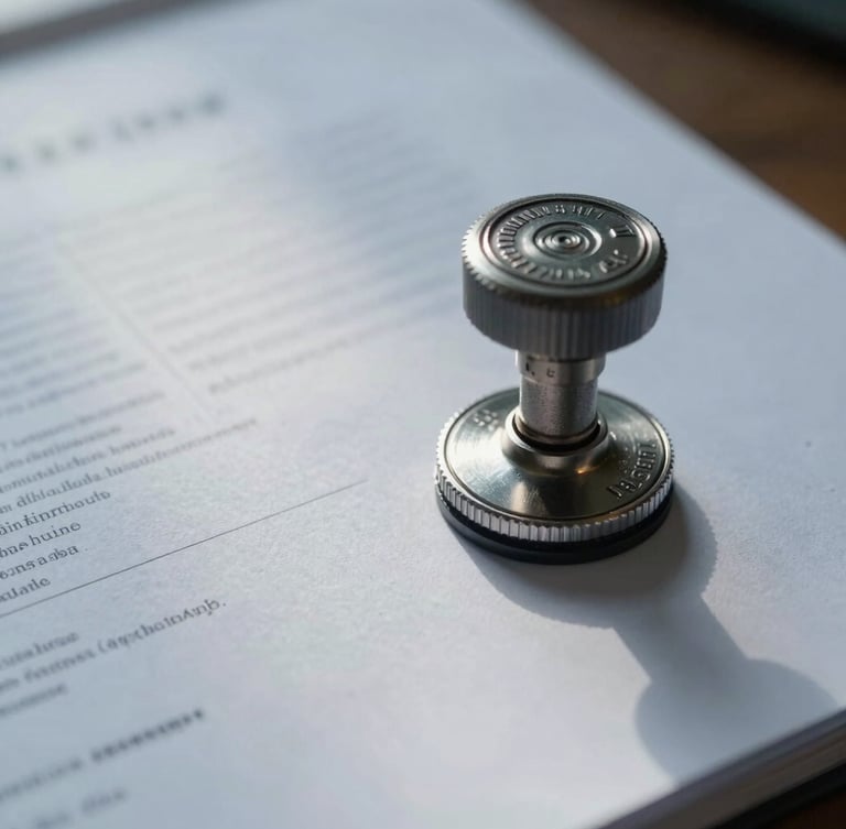 Macro shot of heavy-weight administrative document with official stamp, cool diffused northern European daylight, silver reflections.