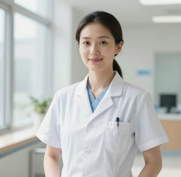 Professional portrait of a calm, reassuring female medical director in clean modern clinical attire, smiling gently, in a brightly lit hospital setting with soft natural daylight, medium shot, sharp focus.