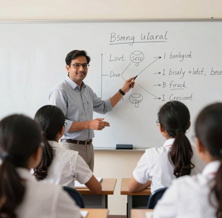 A bright professional classroom in Lucknow, an experienced biology teacher explaining a diagram on a whiteboard to focused students, warm natural daylight, 35mm lens