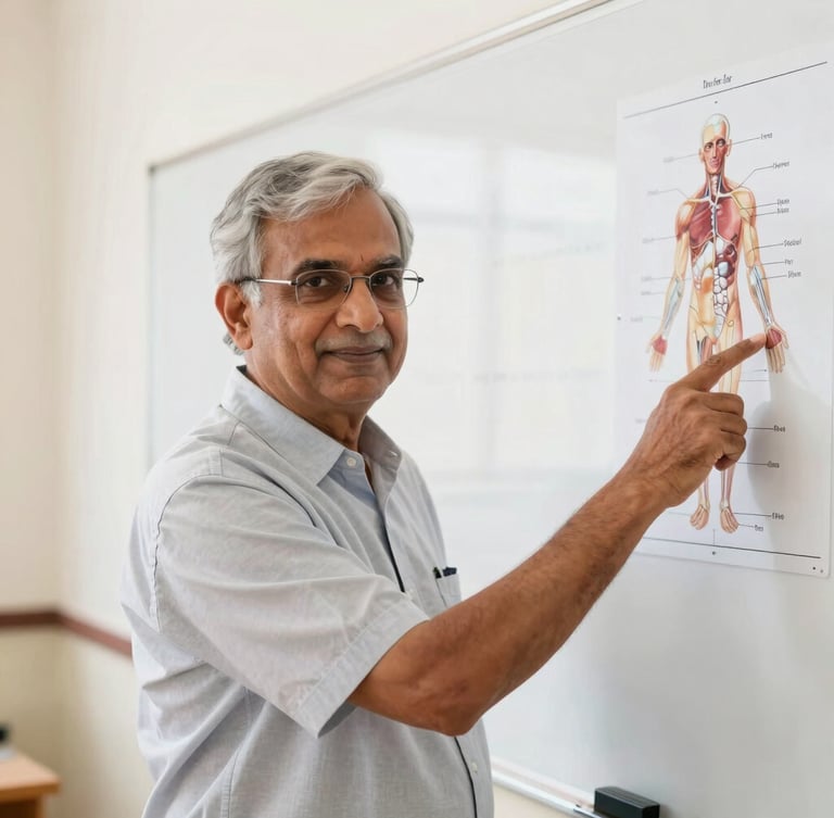 Medium portrait of a senior Indian biology teacher pointing at an anatomical diagram on a bright classroom whiteboard, warm professional lighting, 35mm lens.