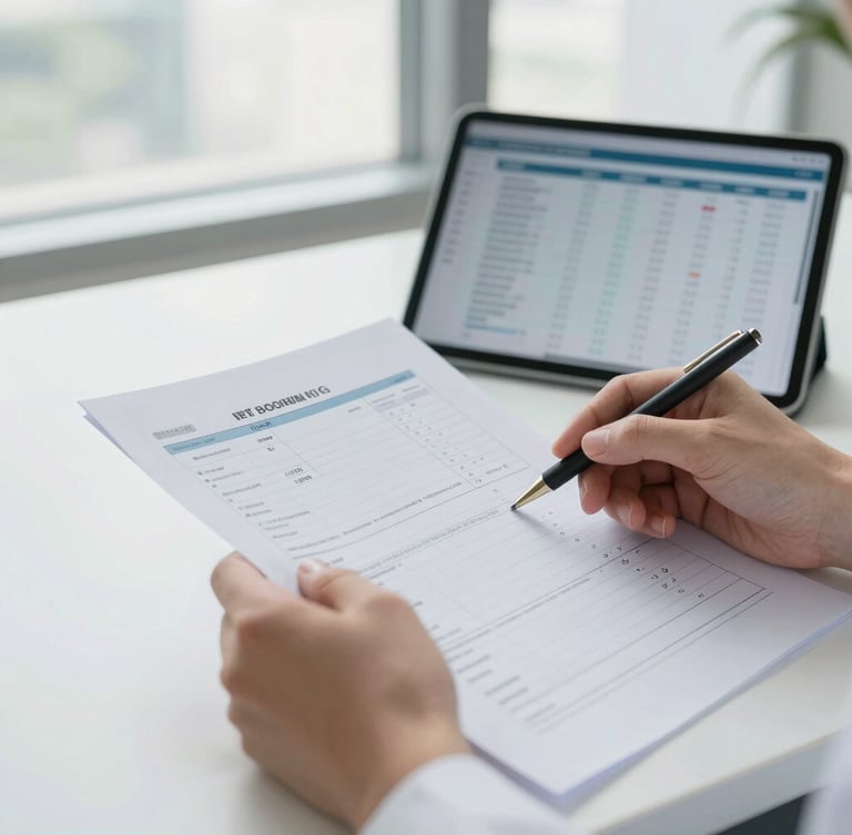 Close-up of hands reviewing printed medical charts next to a tablet showing clean financial analytics, bright natural window light, muted professional tones.