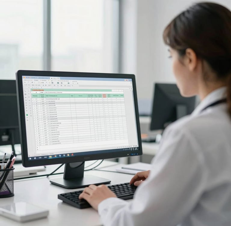 An over-the-shoulder shot of a focused medical administrator analyzing billing screens under bright natural window light, clean office environment, muted professional tones.
