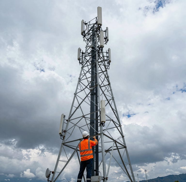 Wide-angle industrial engineering photography, an engineer in high-vis safety gear inspecting a massive telecom tower against a dramatic Andean sky, cool steel tones