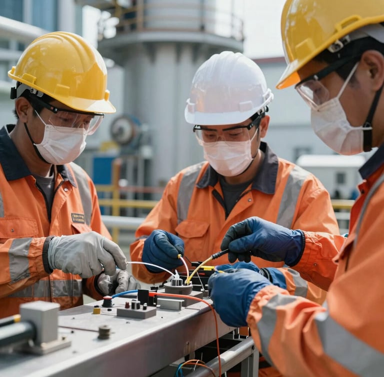 Close-up of Colombian engineers in protective gear executing a fiber optic splice at an industrial site, daylight, technical precision focus