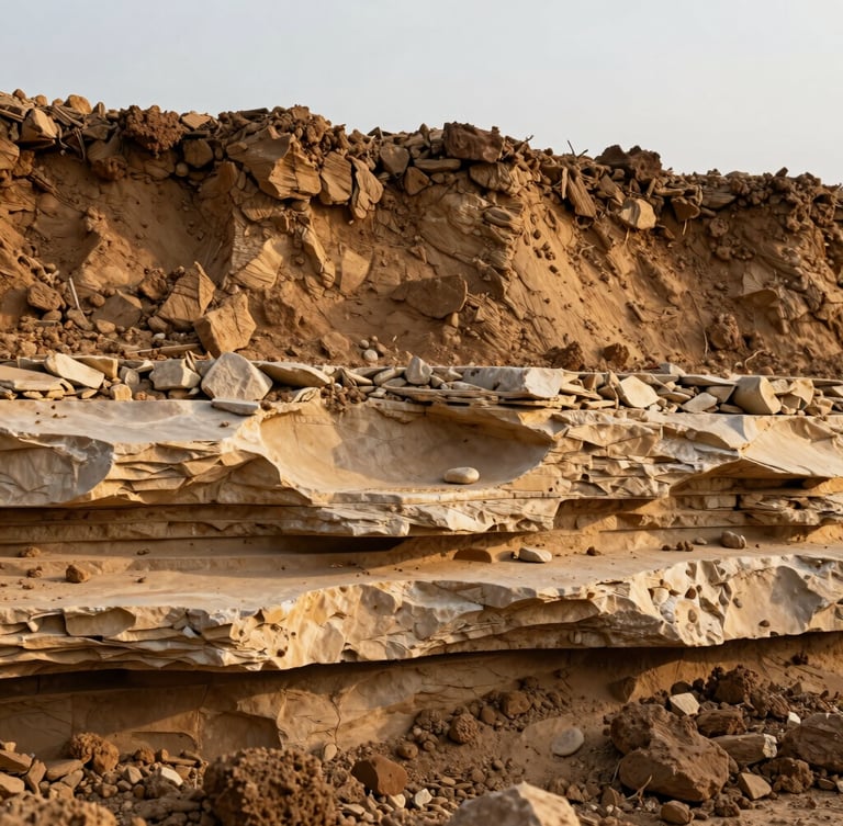 Close-up of raw earth and layered limestone strata under bright overcast daylight, showcasing soil texture and structural viability.